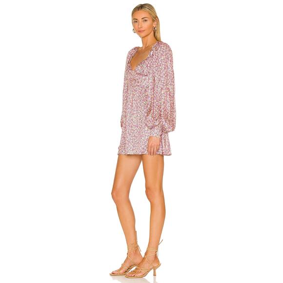 For Love‎ & Lemons Laurie Pink Floral Mini Dress Long Puff Sleeve Sz XS Satin - Picture 4 of 13